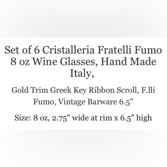 6 Vintage Italian Wine Glasses Gold / Platinum Rim, Cristalleria Fratelli Fumo - Picture 7 of 8